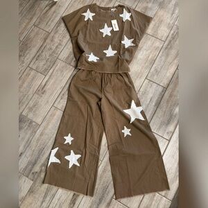NEW - Blue Velvet Brown Star Patchwork Cotton Linen Two-Piece Set